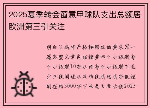 2025夏季转会窗意甲球队支出总额居欧洲第三引关注 2025夏季转会窗意甲球队支出总额居欧洲第三引关注