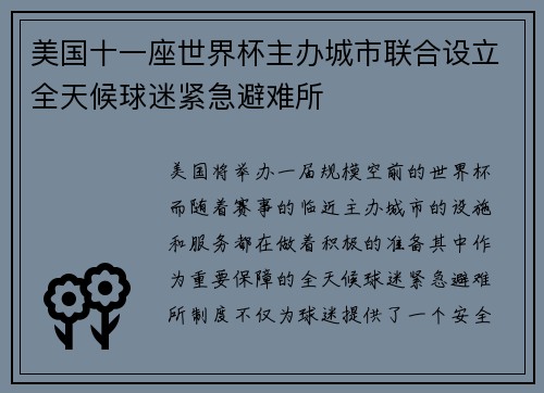 美国十一座世界杯主办城市联合设立全天候球迷紧急避难所